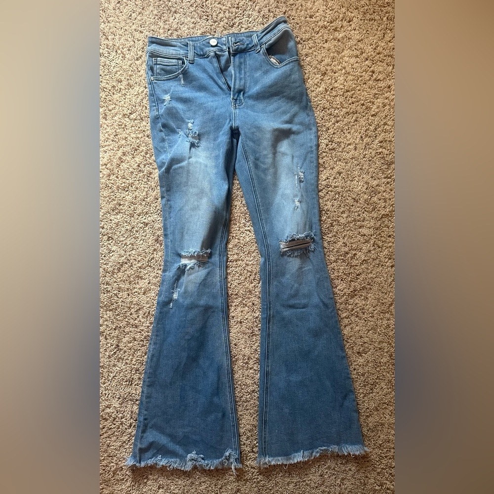 Risen 7/28 women’s Blue Distressed Flare Jeans
